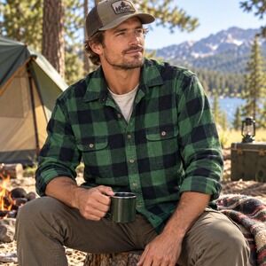 FIELD & STREAM SHACKET MEN XL 100% COTTON PLAID FLANNEL WESTERN GREEN BLACK EUC